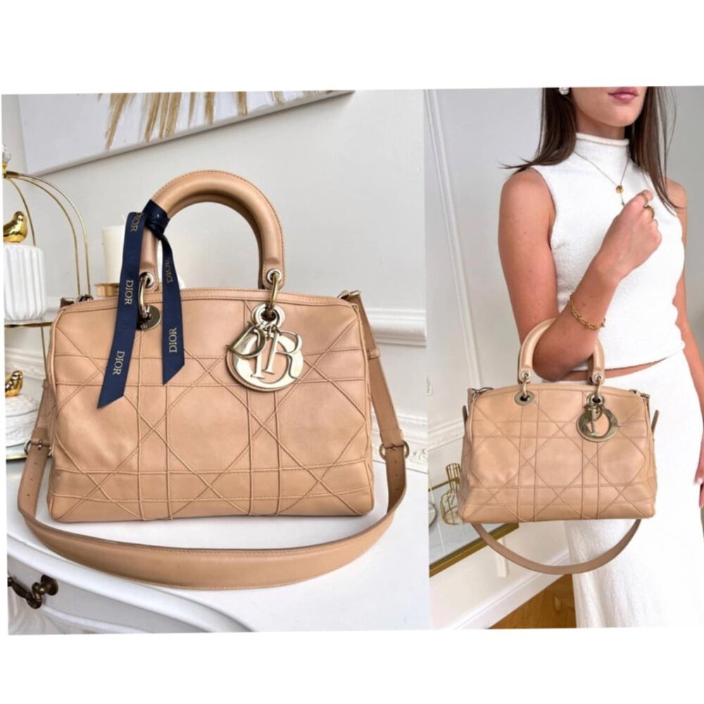 Authentic Christian Dior Cannage Granville Beige Leather Shoulder Bag B0818